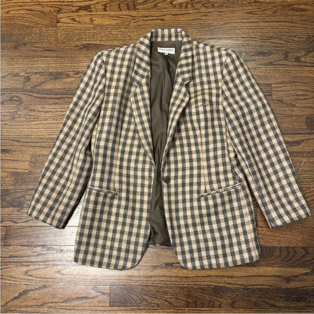Giorgio Armani Collezioni Vintage Twee Checkered Plaid Button Blazer Wool Alpaca